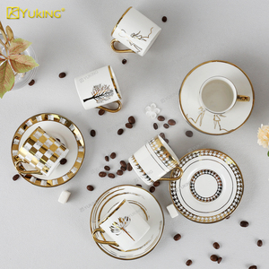 Juego de tazas de café expreso de porcelana con borde dorado de lujo, tazas de café con diseño de patrón de hojas de cerámica para <span class=keywords><strong>Cafe</strong></span> Home (2 piezas) - Product Image 6