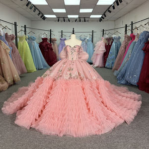 Vestido de Quinceañera Exclusivo 6961 Rosa con Volantes, Corte Imperio, Cintura Natural, Apliques de Lazo y Bordados - Product Image 1