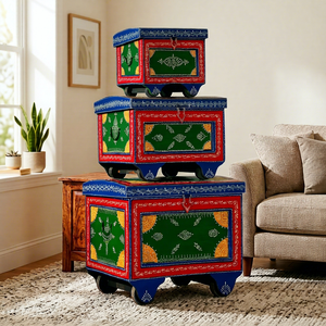 Indian <b>Wooden</b> Rajasthani Hand Painted Set of 3 Trunk <b>Boxes</b> Ornaments Storage Box <b>Small</b> Cloth Organizer For Living Room - Product Image 1