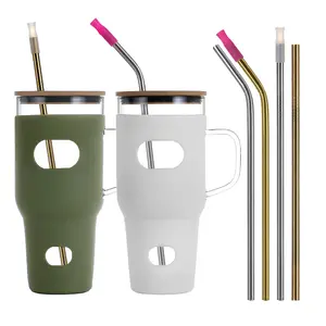 32Oz Glazen Beker Met Stro En Bamboe Deksel Met Siliconen Hoes, Herbruikbare Smoothie Cup Ijskoffie Tumbler, Past Bekerhouder