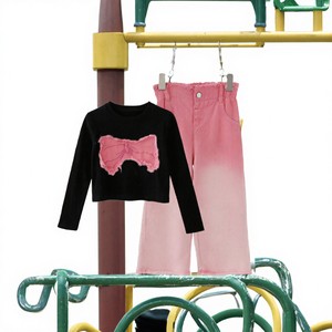 Ensemble de vêtements pour filles, t-shirt court à manches longues et short en jean, tenue décontractée de style coréen pour tous les jours - Product Image 3