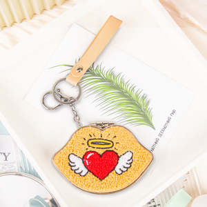 Lip Shaped Plush Embroidered Compact Mirror Keychain PU Leather Strap Folding Double Sided <b>Pocket</b> Makeup Mirror Wholesale Custom - Product Image 3