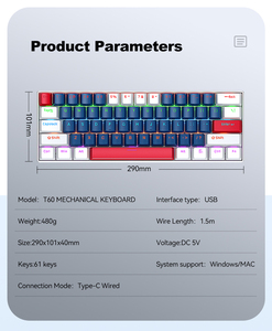 T-WOLF T60 Mechanical <strong>Keyboard</strong> Full <strong>Keys</strong> Hotswappable Gaming <strong>Customized</strong> OEM <strong>Keyboard</strong> 61keys TKL Wired <strong>Keyboard</strong> for PC Laptop - Product Image 6