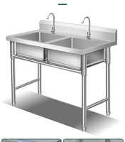 Wastafel Tiga Lubang Stainless Steel 304 Komersial, Kustom, Kaki Tinggi Dapat Disesuaikan, Model Berdiri Bebas untuk Kantin/Dapur
