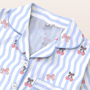 <strong>Women</strong> Blue Wavy Stripe Cherry Bow Print Notch Collar 3 Pieces <strong>Pajama</strong> <strong>Set</strong> Short Sleeve Top Shorts Long Pants Soft Loungewear - Product Image 3
