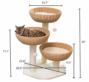 Arbre à chat moderne en bois, multi-niveaux, avec paniers en rotin, maisonnette en osier, perchoir de fenêtre, griffoir et structure d'escalade, en carton - Product Image 5