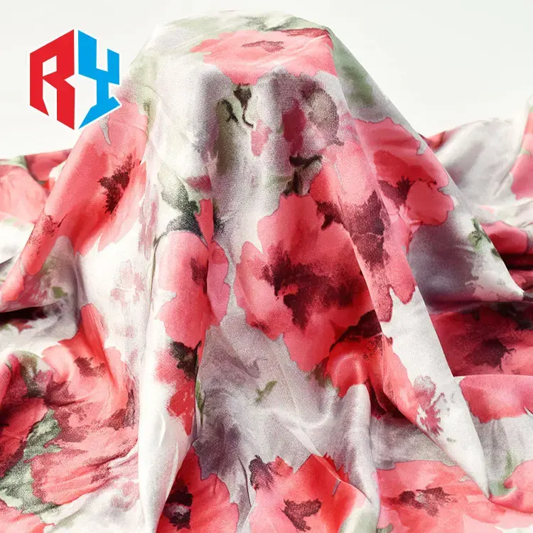 Tessuto di raso ombre di alta qualità tessuto di raso di seta con stampa floreale tessuto di poliestere per abbigliamento donna