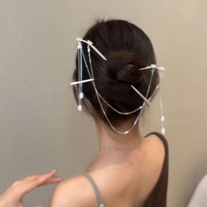 Horquillas de aleación con doble flor, borlas y perlas, soporte para moño, joyería para el cabello, horquillas estilo chino con diseño de abanico, accesorios para el cabello Cheongsam - Product Image 4