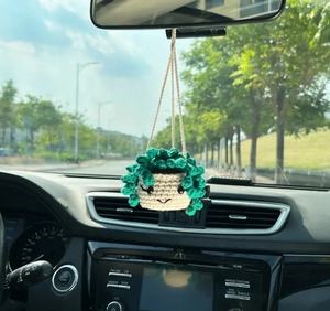 Planta en maceta de ganchillo colgante hecha a mano para espejo retrovisor de coche, accesorios colgantes de espejo de coche hechos a mano, adorno colgante de lana - Product Image 3
