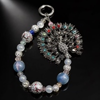 Pendentif Charme Paon en Argent Vieilli, Breloque de Sac Perlée en Strass de Cristal, Porte-clés Perle Irisée, Bijou Cadeau, Vente en Gros