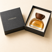 Vente en gros de flacons de parfum en verre transparent semi-circulaires vides de 30 ml, 50 ml et 100 ml, conformes à la réglementation REACH, avec bouchon en bois et boîte cadeau en papier