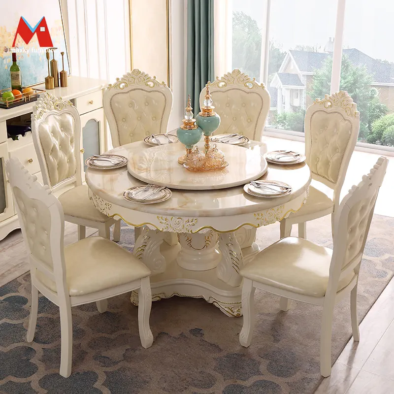 European dining table and chairs combination marble round table with turntable household solid wood carved dining table