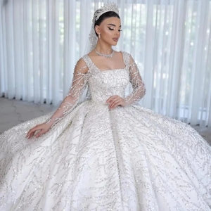 Magnifique <span class=keywords><strong>robe</strong></span> de mariée princesse à col carré brillant, sexy, à manches longues, avec dentelle et perles, <span class=keywords><strong>robe</strong></span> de mariée de cérémonie personnalisée - Product Image 3