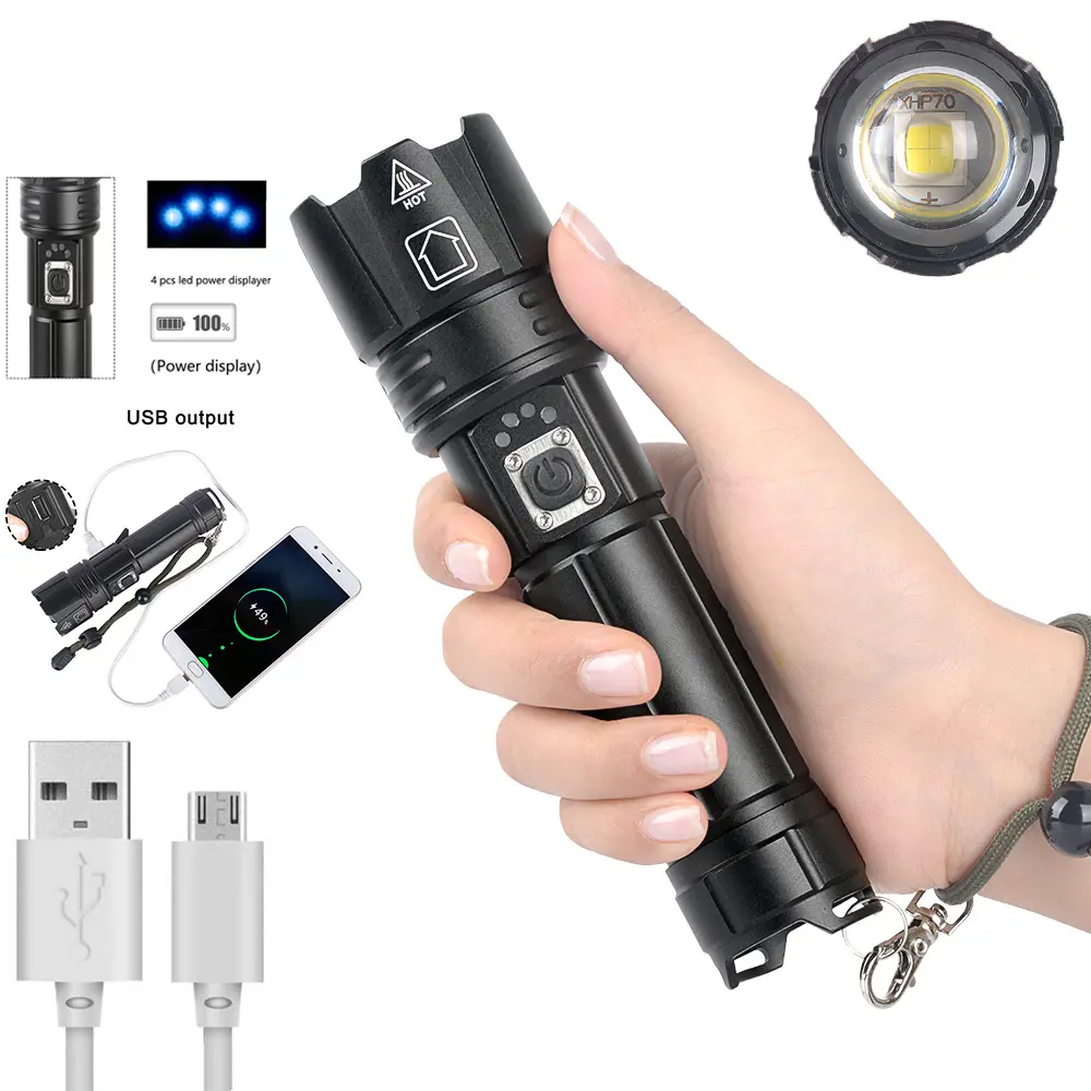 AJOTEQPT New Tactical XHP70 Zoom Rechargeable Flashlight Strong USB Torch Led Flashlight Torch with USB output