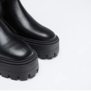 Botas Para Mujer <b>Block</b> Low Heel Black Leather 2025 Fall Women Shoes Fashion Boots - Product Image 2