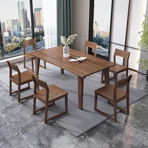 Massief Houten Rechthoekige Gebogen Live Edge Eettafel Met 6 Houten Stoelen 7 Stuks Set Walnootkleur Eenvoudige Eetkamer Set