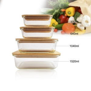 4 cái lò vi sóng an toàn thực phẩm thủy tinh <span class=keywords><strong>container</strong></span> với nắp tre kín kính ăn trưa Box Set - Product Image 2