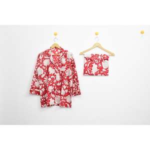 Ensemble de pyjama en satin de coton respirant pour femmes, imprimé rouge antique, manches longues, taille élastique, confortable, vêtements de nuit d'automne - Product Image 2