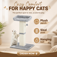 Arbre à chat moderne en peluche, griffoir durable 40x30cm, hauteur 88cm, base en sisal tressé, pompons gris foncé, panneau artificiel en polaire corail