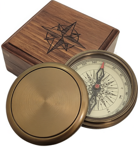 Brújula de Bronce Vintage, Herramienta de Navegación de Metal con Estuche de Madera para Acampar, Hacer Senderismo, Regalo - Product Image 1