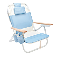 Chaise pliante de plage personnalisable bleue, résistante à l'eau, inclinable et réglable, avec accoudoirs en bois et sac isotherme