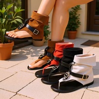 Sandales plates à bout ouvert de grande taille populaires, en cuir microfibre, avec cheville cintrée, chaussures décontractées pour les vacances pour femmes
