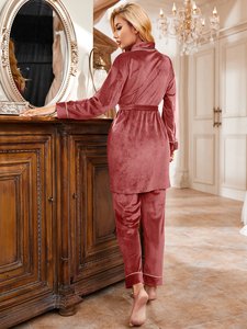 Pyjama en <span class=keywords><strong>velours</strong></span> de luxe à épaules tombantes avec passepoil contrasté, robe et <span class=keywords><strong>pantalon</strong></span> de pyjama pour femmes - Product Image 6