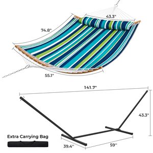 Portable 2-Person <b>Hammock</b> with Stand, Striped Quilted Fabric <b>Hammock</b> with Pillow, 450 LBS Capacity, for Outdoor, Garden, Patio - Product Image 3