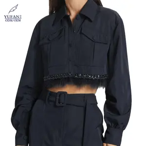 YuFan OEM de alta calidad logotipo personalizado señoras chaqueta azul oscuro botones abrigos para mujeres logotipo bordado