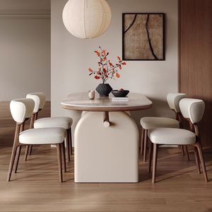 Oval <b>Solid</b> <b>Wood</b> Dining <b>Table</b> With Marble <b>Top</b> And Cream Chairs Nordic Style For Small Apartments - Product Image 4