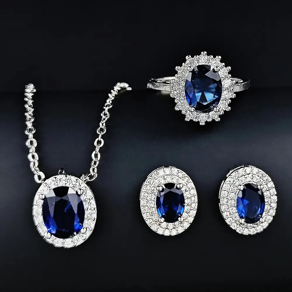 Fashion 3Pcs/Set Sapphire Ring Earrings Women Sparkle Cubic Zirconia CZ Geometric Necklace Wedding Jewelry Sets