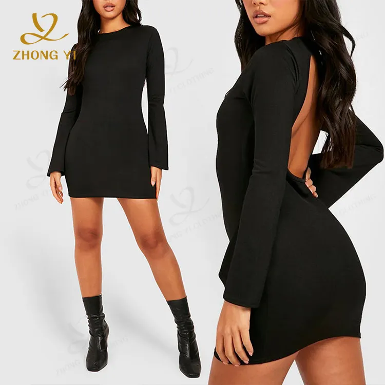 2023 नई फैशन महिला लंबी आस्तीन सेक्सी बैकलेस लक्जरी पार्टी पोशाक कस्टम शंक प्रतिरोधी शुद्ध रंग फिट मिनी छोटे कपड़े