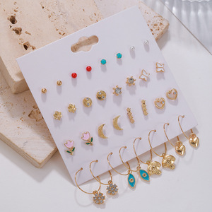 Pendientes de moda, juego de 16 pares, tono dorado, flor, luna creciente, corazón, pendientes de aro para mujer, regalo - Product Image 3