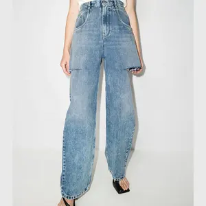 Jeans personnalisés à taille haute, délavés en blanc, avec découpe de poche, à jambe droite, en coton bleu vieilli, jeans vintage