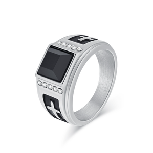 Anillo de Hip Hop Cristiano Religioso para Hombre en Oferta, Acero Inoxidable 316 con Cruz de Circonio, Joyería Estilo Hip Hop, Anillo en Oro 18K, Negro y Plata - Product Image 1