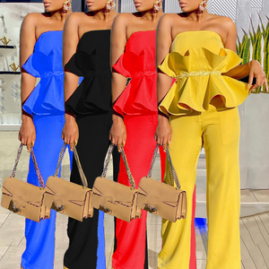 กางเกงขากว้างมีระบายสำหรับผู้หญิงชุด2ชิ้นแนวลำลองกางเกงขากว้างสีพื้น - Product Image 1