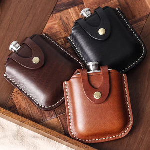 Gourde de poche artisanale en cuir tanné végétal, style américain vintage, en acier inoxydable 304, OEM, portable pour l'extérieur - Product Image 1