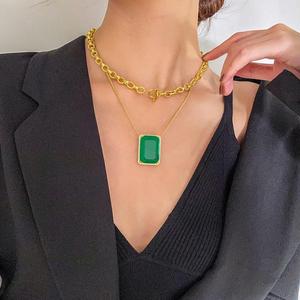 Fashion Eco-friendly Copper Layered Pendant Necklace <b>Set</b> Elegant Simple Big Square Green Zirconia Jewelry <b>Sets</b> for Refined - Product Image 6