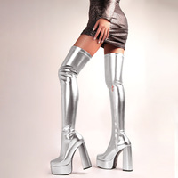Bottes sexy métalliques à talon carré, hauteur cuisse, avec fermeture éclair latérale, en PU extensible, au-dessus du genou, plateforme épaisse, pour femme, idéales pour le cosplay
