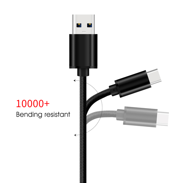 Nylon Braid USB-C Cable 1M 2M 3M QC3.0 Usb Charging Cable with 5Gbps Data Sync Type-C to Usb Cable Black