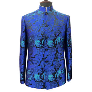Men's Chinese <strong>Blue</strong> <strong>Dinner</strong> Dress Suit <strong>Jacket</strong> Dragon Pattern Woven Gold Jacquard Satin Waterproof Anti-Static Pleated Standing - Product Image 1