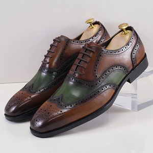 Chaussures Oxford en cuir véritable pour hommes, style business formel, marron-vert, perforées, bout carré - Product Image 2