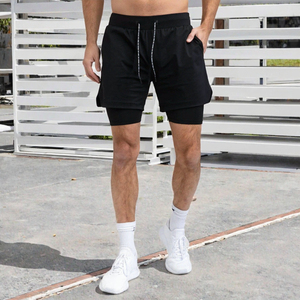 Pantaloni sportivi da uomo estivi a doppio strato <span class=keywords><strong>2</strong></span> in <span class=keywords><strong>1</strong></span>, modello jogger, multitasche, con interno aderente ed esterno ampio, tinta unita, a vita alta - Product Image 2