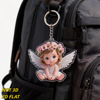 Porte-clés ange mignon avec couronne de fleurs roses, breloque en acrylique avec ailes blanches, accessoire léger et original pour clés