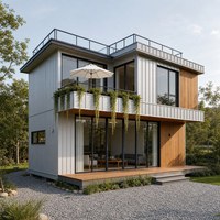 Maison modulaire en structure acier avec un design à deux étages, terrasse sur le toit et espace de vie extérieur