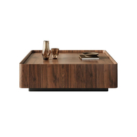 Table basse moderne du milieu du siècle avec rangement, table carrée en bois de noyer foncé avec structure en métal noir pour salon et maison