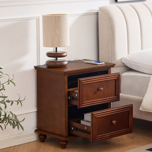 Mid Century Modern Nightstand 22.9 In 2 <b>Drawers</b> Wood Storage Side Cabinet With Charging Station Outlet Hole - Product Image 3