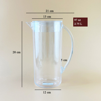 Ensemble de 4 tasses de 2700 ml, carafe à eau en acrylique épaissi, pichet en plastique transparent incassable, gobelets assortis, couvercle réutilisable écologique
