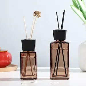 100ml 250ml empty square amber reed home perfume diffuser bottle glass with wooden lid