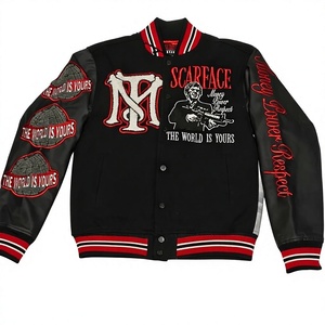Chaqueta Varsity Scarfaced para Hombre, Negra, de Algodón, con Parche Bordado de Money Power Respect, Diseño de Letra M, Estilo Urbano, Cuello Alto - Product Image 1